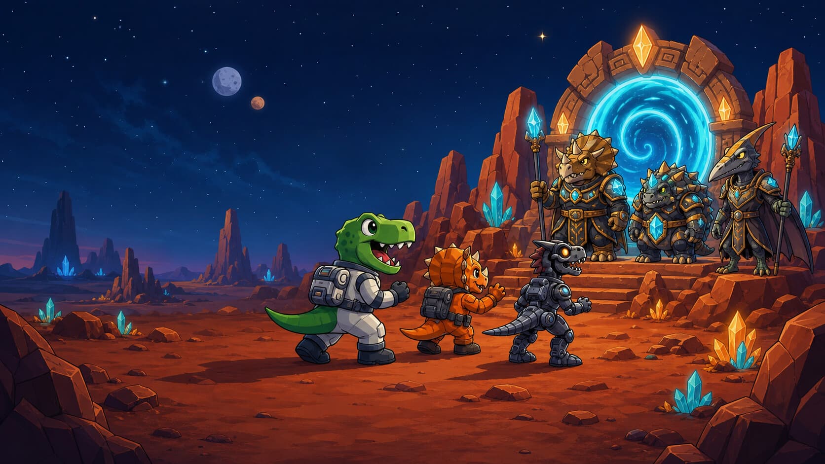Space dinosaurs facing a rival crew on an alien planet